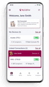 MyLifeline app showing connected devices and caregivers