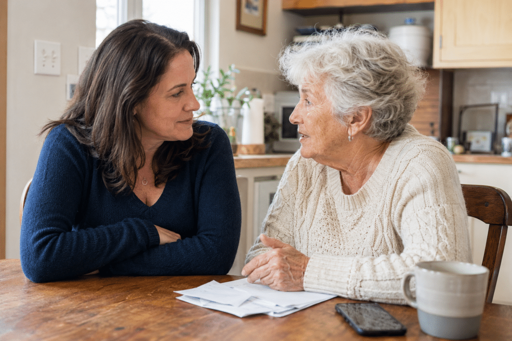 Adult daughter talking with her older mother about how to report elder abuse at a kitchen table.