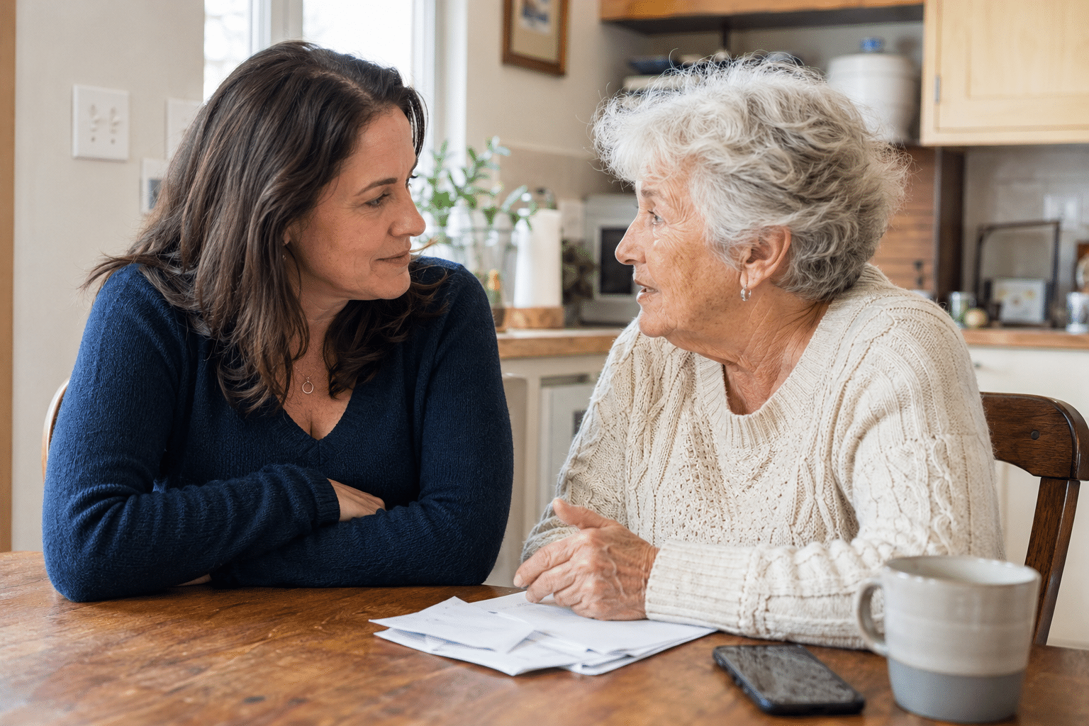 Adult daughter talking with her older mother about how to report elder abuse at a kitchen table.