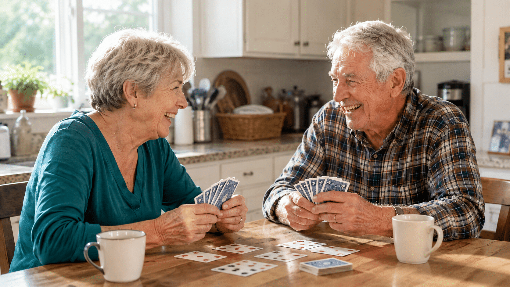 Two older adults laughing while playing cards together at a sunlit kitchen table
