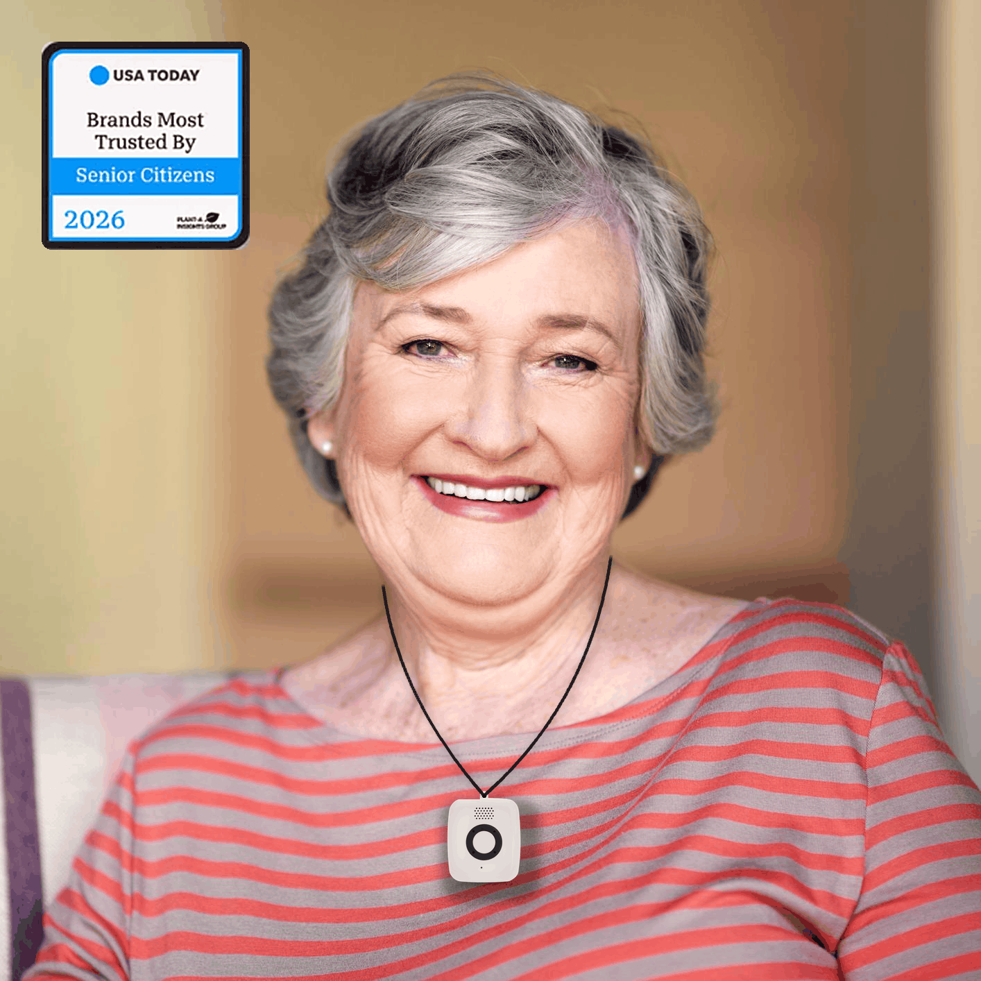Woman wearing Lifeline OTG Mini pendant medical alert system